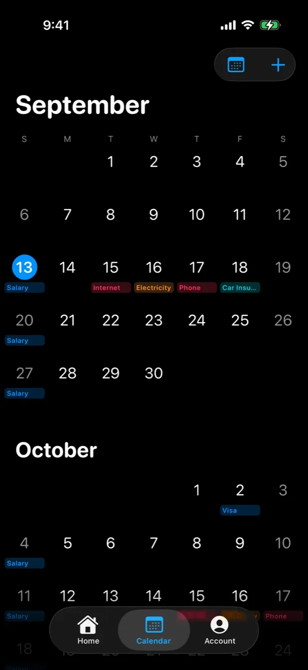 The Nornas calendar for September, each bill named and in its own colour.