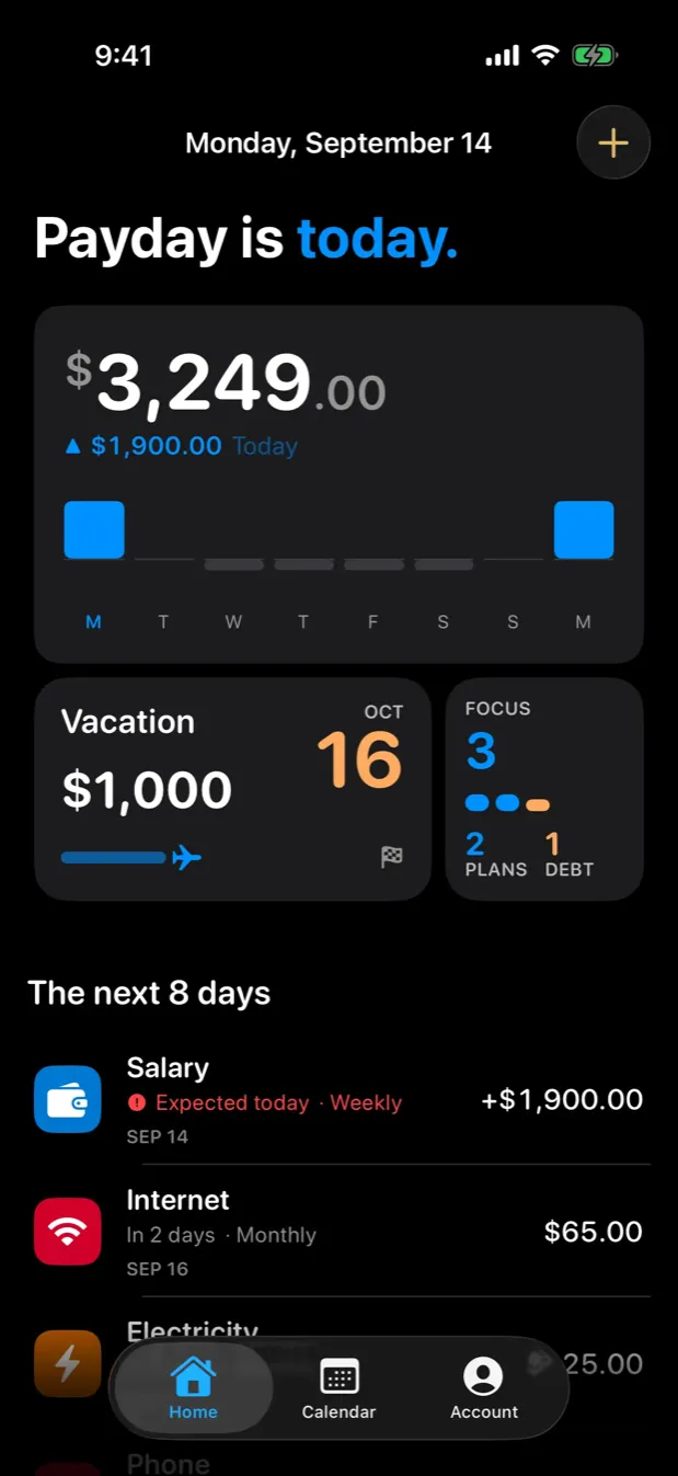 Nornas on an iPhone: payday is today, the money for the week with a bar for each day, a saving plan and the bills of the next eight days.